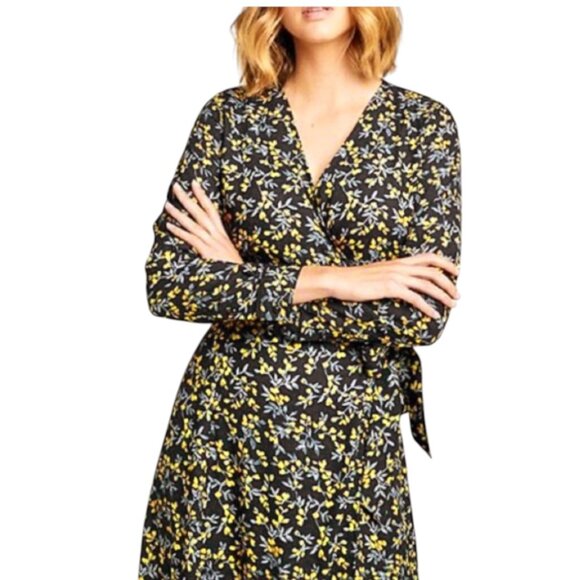 NWT CAARA DARK FLORAL WRAP DRESS CAREER WORK ESSENTIAL URBAN BLACK LARGE - Picture 3 of 8